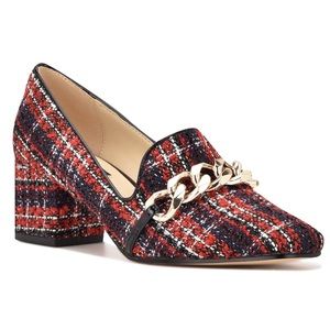 Nine West Remal Plaid Low Block Heel Loafer with Gold Chain Holiday 9